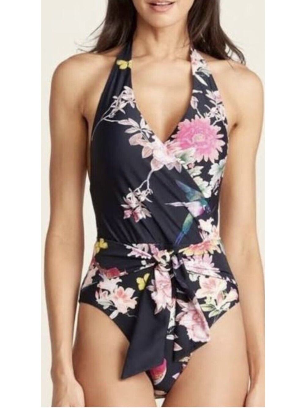 RACHEL Rachel Roy Sash Wrap Blue Pink Floral One Piece Swimsuit Halter sz. L